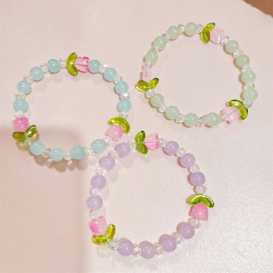 1 Piece/Spring Atmosphere Versatile Colorful Pink Jade Bracelet Fresh Sweet Crystal Tulip Glass Bead Bracelet - 鬱金香[粉紅色] - 查看 1