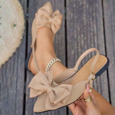 Sandalias de tacón plano con punta afilada y talón abierto para mujer talla grande, con lazo grande que cubre la puntera, para el verano.Zapatos planos de suela lisa