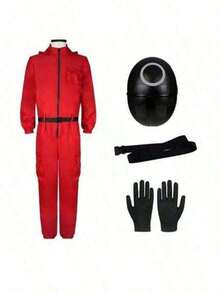 COS Red Hooded Jumpsuit, Cuttlefish Costume, Halloween Role-Playing Outfit, Red Jumpsuit With Black Gloves And Round/Triangular/Square Mask - A - View 1