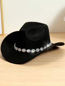 1 pieza Sombrero de vaquero de mujer con decoración de rhinestones, sombrero de fiesta de ala ancha a la moda, adecuado para viajes, fiestas, fiestas con temática de vaquero occidental y uso diario