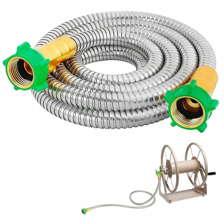Female To Female Leader Hose For Hoses Reel, 10ft Metal Leakproof Short Garden Hose Connector, Heavy Duty 304 Stainless Steel Flexible Water Pipe For Outdoor Garden Watering Car Pet Cleaning{Inchsize_nameinch:Inch10ftinch} - 10英尺 - 查看 1