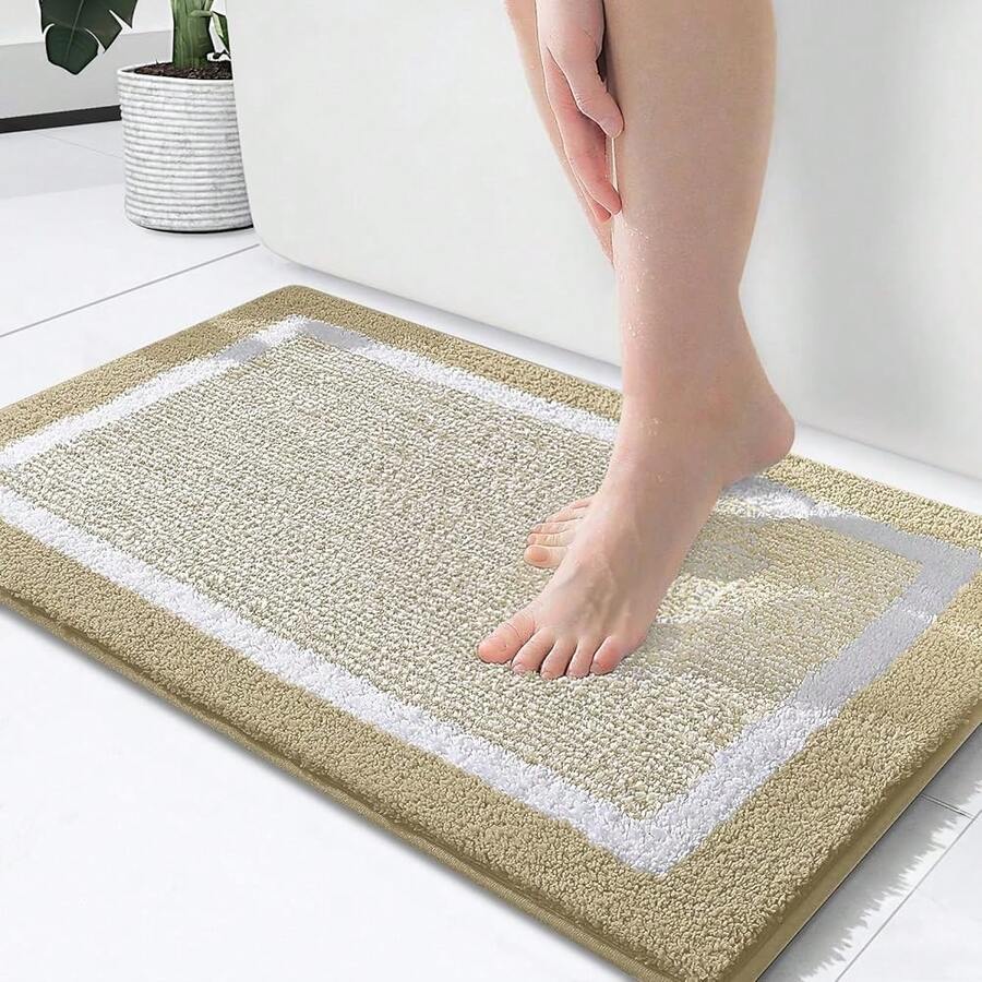 Bathroom Rugs 24x16, Extra Soft And Absorbent Microfiber Bath Mat, Non-Slip, Machine Washable, Quick Dry Shaggy Bath Carpet, Suitable For Bathroom Floor, Tub, Shower (Small, Beige){Inchcolor_nameinch:InchBeigeandWhiteinch,Inchsize_nameinch:Inch24\Inchx16\Inchinch} - 米色和白色 - 查看 1