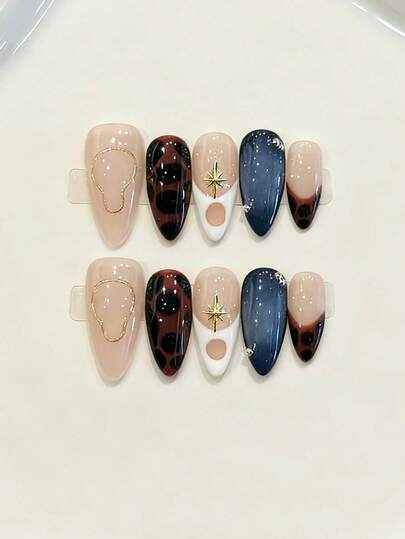 10 piezas Uñas postizas de almendra media hechas a mano para fiestas y uso diario, uñas de múltiples colores, estampado de leopardo francés, uñas medias, fáciles de usar. 10 piezas Uñas postizas hechas a mano estilo Y2K, uñas de otoño, estilo de otoño, adecuadas para festivales, fiestas y uso diario de niñas y mujeres