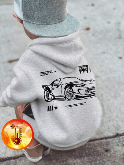 1pc Boys' Casual Graphic Print Pullover Hoodie Sweatshirt, Thermal Lined, Long Sleeve, Autumn/Winter - Cool Car Design, Suitable For Young Trendsetter