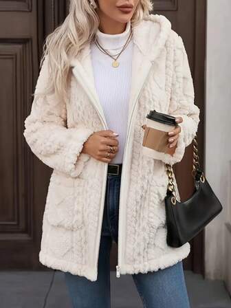 长款纯色菱形图案口袋拉链女式外套，适合居家和日常穿着，秋冬季款