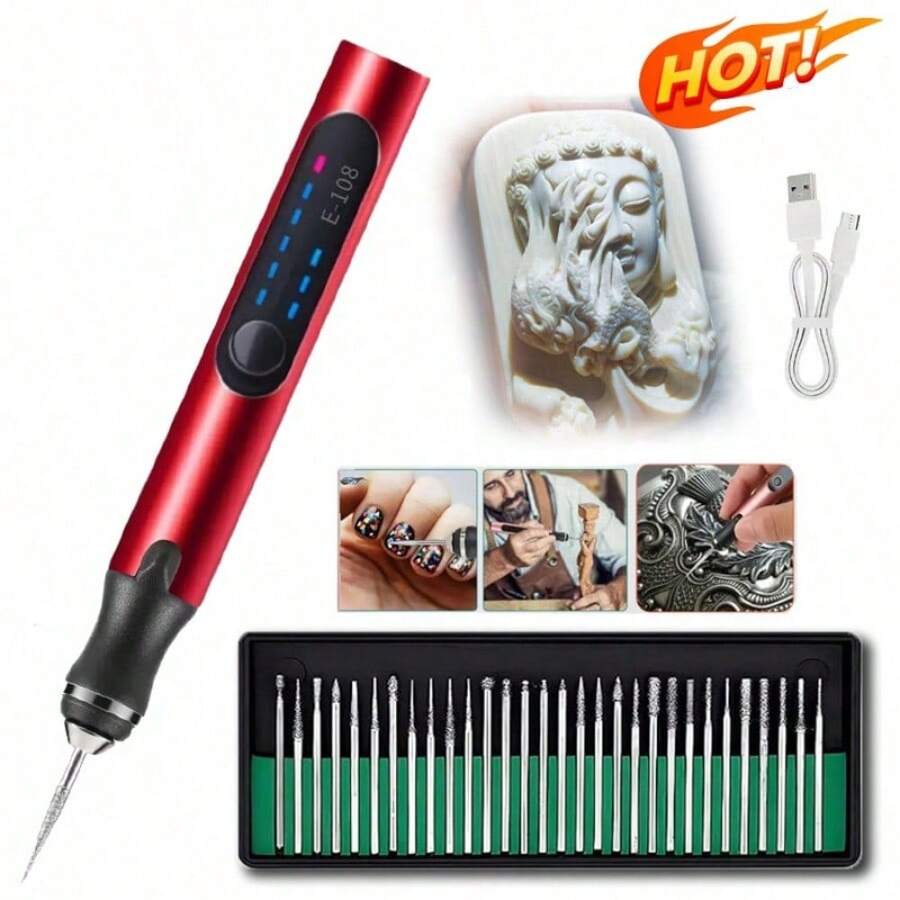 Electric Engraving Pen, USB Rechargeable Cordless Etching Engraving Tool, Portable DIY Rotary Engraver For Jewelry Wood Glass Stone Carving - Red - View 1