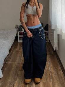 Jeans à jambe large style rétro américain pour femmes, bleu marine avec surpiqûres contrastées, pantalon casual ample style hip-hop et streetwear