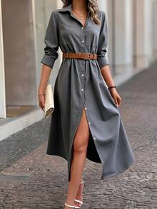 ELEGANTE VESTIDO CAMISERO LISO PARA MUJER,VESTIDO LARGO CON ABERTURA,VESTIDO MANGA LARGA, VESTIDO CUELLO CAMISERO, VESTIDO CON BOTONES DELANTEROS - Gris - Ver 5