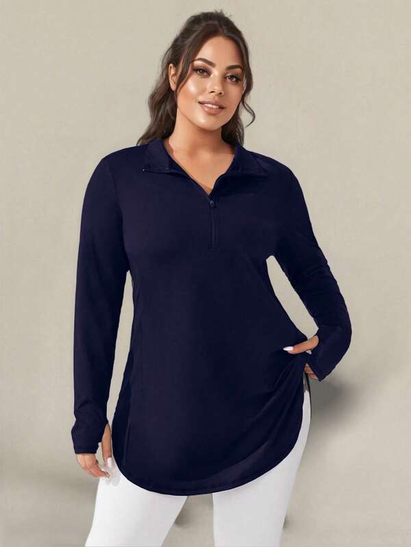 Plus Size Women Christmas Sports Sweatshirt, Long Sleeve Running Outdoor Hoodie With Half Zip Collar