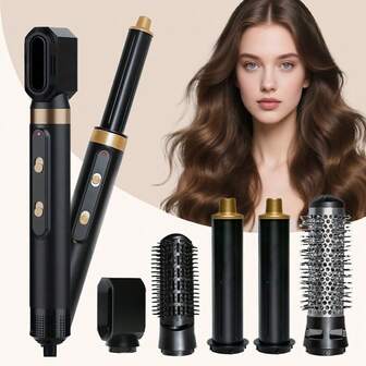 PinkSings Black 5 In 1 Blow Dryer Brush Set, Detachable Hot Air Brush Styling Set, Negative Ionic Hair Dryer Styling Tool Set, Round Hot Air Straightener Brush Volumizer Thermal Brush, Hair-Wrap Curler Wand