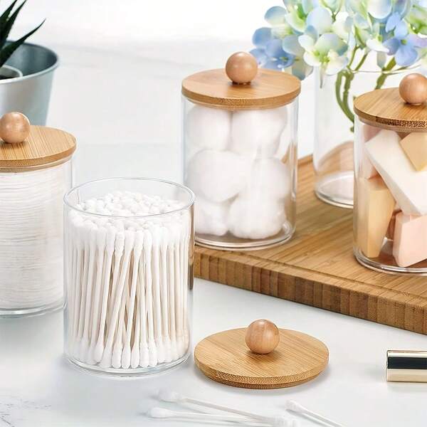 1pc Portable Cotton Swab Dispenser - Clear Plastic Apothecary Jar Container With Bamboo Lid For Vanity Makeup Storage Organizer, Bathroom Accessories - Freestanding, Compact, And Easy-To-Carry Design For Cotton Swab, Ball, Pads, And Floss Storage