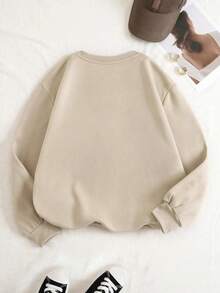 ClothesINAWLY Solid Drop Shoulder Thermal Lined Sweatshirt,Long Sleeve Tops Graduation,Back To School Fits,Graduation,Teacher Fits For Women,Back To S - 杏色 - 查看 2