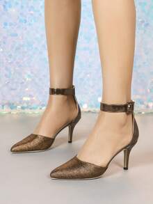 Women's Fashion Bronze High Heel Pumps, Hollow Toe Slingback Stilettos, Pointed Toe Party Sandals, Sexy Ankle Strap Heels For Spring/Autumn - Bronze - View 3