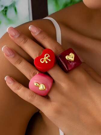 3件套多色树脂几何宽边戒指套装，渐变色戒指，简约独特创意戒指套装