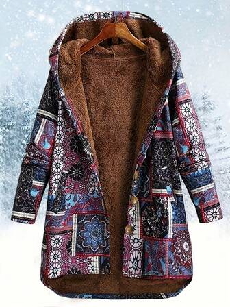 Chaqueta con capucha casual con forro térmico y estampado floral suelto y retro para mujer