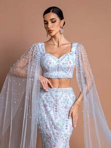 GIFORU Elegant Sweetheart Neck Sheer Flare Midi Dress, Decorated With Floral Embroidery And Pearls, Perfect For Party Occasions - Mint Blue - View 1