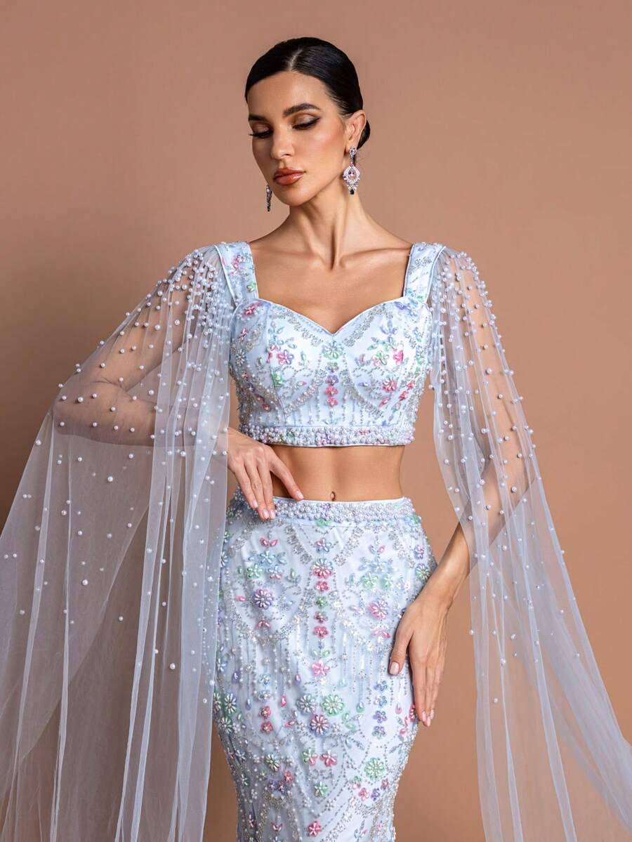 GIFORU Elegant Sweetheart Neck Sheer Flare Midi Dress, Decorated With Floral Embroidery And Pearls, Perfect For Party Occasions - Mint Blue - View 1