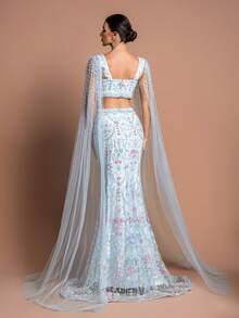 GIFORU Elegant Sweetheart Neck Sheer Flare Midi Dress, Decorated With Floral Embroidery And Pearls, Perfect For Party Occasions - Mint Blue - View 3