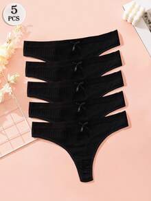 5条装女士低腰罗纹丁字裤，可爱蝴蝶结设计，优雅成熟浪漫法式内衣，轻盈柔软舒适，日常旅行礼物/圣诞内衣 - 黑色 - 查看 3