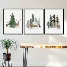 3 pièces Impressions sur canevas de Noël, Forêt d'hiver, Art de cabane de renne, Décoration murale thème mode, Œuvre d'art de vacances pour la maison, Décoration de Noël, Art mural sur canevas, Affiches pour la chambre, Décoration de la maison, Décoration de chambre esthétique, Accessoires de décoration de chambre. Cadre en option, Décoration de chambre.