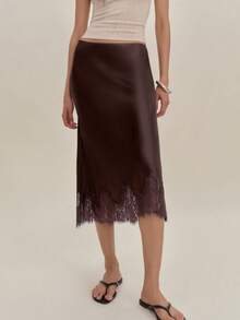 Women Satin Midi Skirt Silk Lace Trim Long Skirts Fashionable Elegant Solid Color A Line Flowy Silky Maxi Skirt For Under Dress Streetwear For Party Work Daily Wear - 棕色 - 查看 1