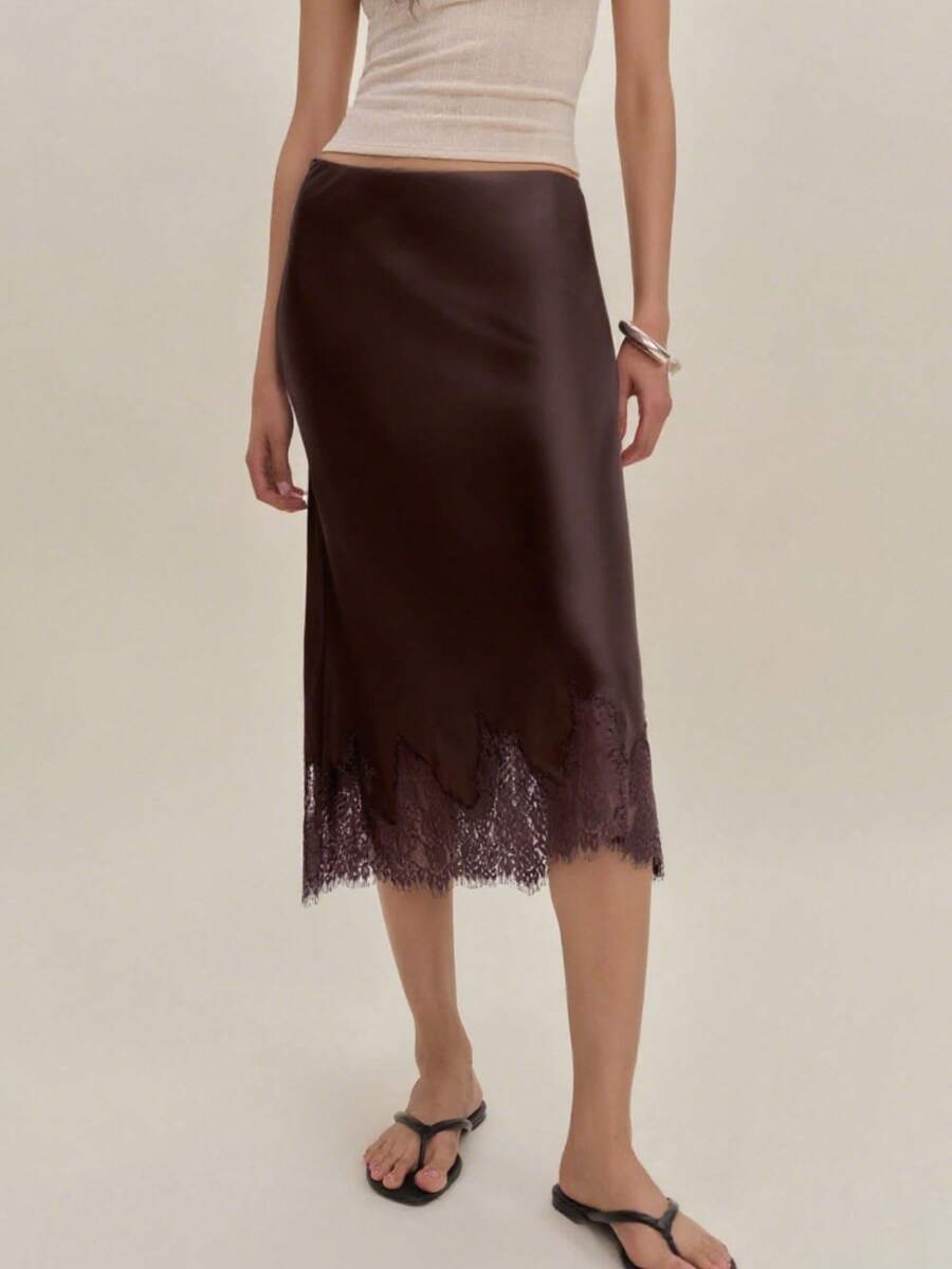 Women Satin Midi Skirt Silk Lace Trim Long Skirts Fashionable Elegant Solid Color A Line Flowy Silky Maxi Skirt For Under Dress Streetwear For Party Work Daily Wear - 棕色 - 查看 1