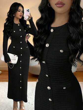 Damklänning 2025 Enfärgad Elegant Stickad Tygtexturerad För Kontor Vardagskläder, Hemmakväll Dejt, Semester Höst Vår