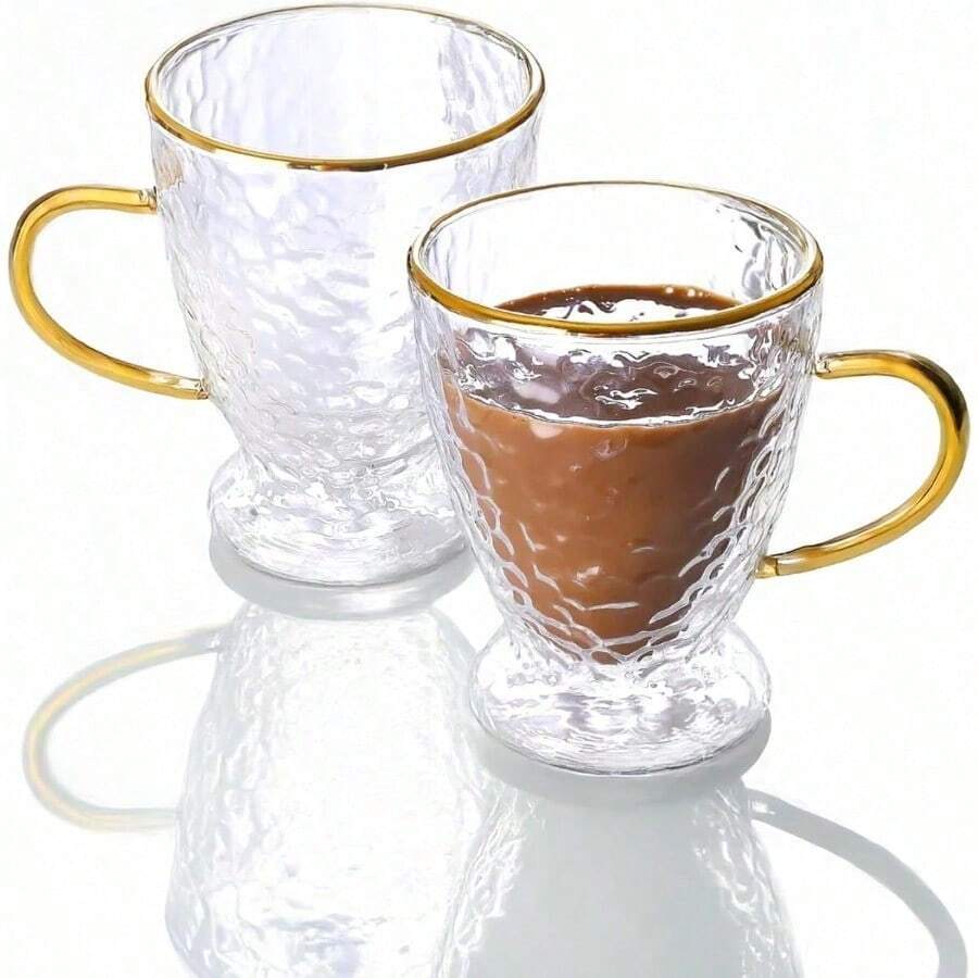 Sister.ly Drinkware tazas de café de vidrio martilladas de doble pared con borde dorado y mango dorado tazas de café de vidrio aisladas juego de 2 12 onzas transparente con dorado - transparentecondorado - Ver 1