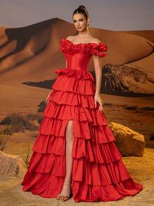 Off Shoulder Prom Gown With Multi-Layer Puffy Hem Long Elaborate Puffy Shoulder Evening Gowns For Women Lace Up Back High Split Ball Gown Homecoming Dresses For Teen