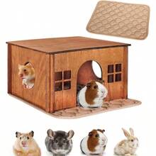 Wooden Guinea Pig Hideout, Small Animal Houses Habitats, Large Hideout House Small Rabbit Chinchilla Gerbil, Sturdy Hamster Hideout Bed Hutch Bunny Cage - 棕色 - 查看 2