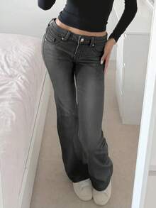 MYOURSA Low Rise School Y2k Washed Flare Leg Jeans - Grey - View 3
