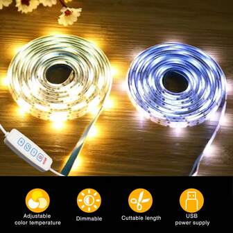 NBBUFF 3英尺-60英尺LED灯带，USB按钮开关，三种色温（暖光/中性光/白光），可调光，适用于卧室装饰、客厅、橱柜、展厅照明、镜子、缝纫机、衣柜等。