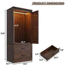 Farmhouse 2 Doors Armoire Wardrobe Closet W/Folding Sliding Barn Door And Lights, LED Armoire Closet W/Drawers For Bedroom, Freestanding Wooden Wardrobe Storage Closets W/Hanging Rod - màu nâu - Xem 8