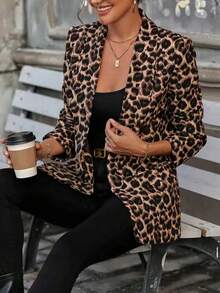 Women's Long Sleeve Leopard Print Lightweight Blazer Jacket With Button Detail, Regular Fit Outerwear Spring - Multicolor - View 5