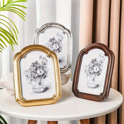 1pc Resin Material Gold/Silver/Brown Curved Frame Decorative Photo Frame, Multi-Color Options, Minimalist Home Desktop Decor Photo Frame, Suitable For Bedroom, Study, Office Desk