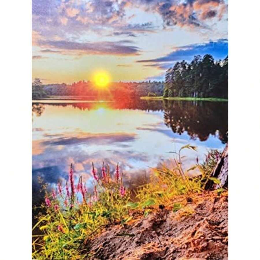 2025 Christmas Canvas Wall Art Print 12" X 16" With Timer | LED Lighted Design - Lake Sunset - View 1