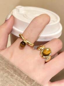2pcs Fashionable Personalized Retro Mori Design Natural Stone Adjustable Open Ring Suitable For Women's Daily Wear And Party, Photography Accessory, Birthday Gift For Bestie