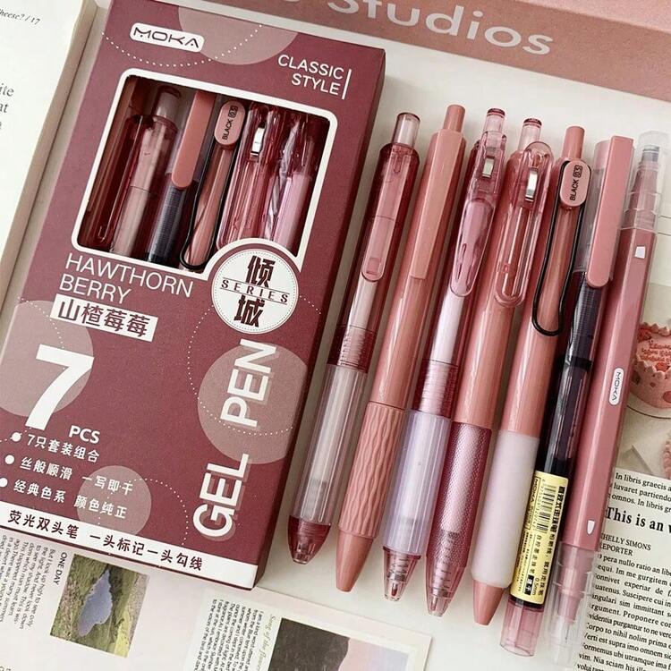 7pcs/Set St-Tip Push Pen & Liquid Pen Combination School Stationery Set For Quick Drying And Brush Writing, Black Back To School - Màu Hồng Tươi - Xem 6