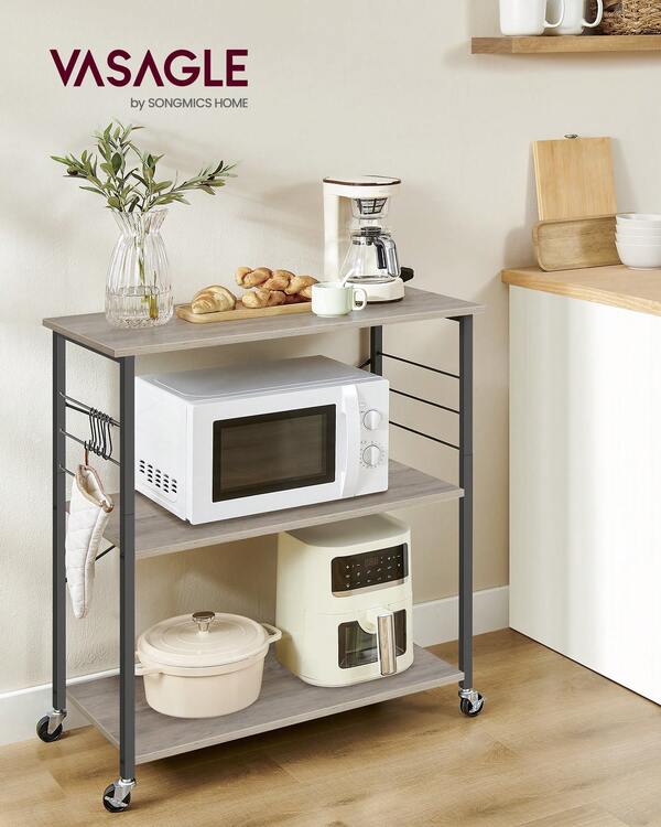 Kitchen Shelf On Wheels, Serving Trolley With 3 Shelves, Microwave Shelf, For Mini Oven, Toaster, With 6 Hooks, 40 X 80 X 89 Cm, Industrial Style, Heather Greige And Ink Black KKS067K02