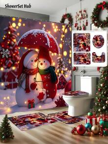 1 pièce/4 pièces Ensemble de décorations de Noël bonhomme de neige comprenant un rideau de douche imperméable avec 12 crochets, une housse de siège de toilette, un tapis de bain antidérapant et un tapis de sol en polyester lavable. Convient pour la décoration de la salle de bain, de la chambre, de la maison et du salon.