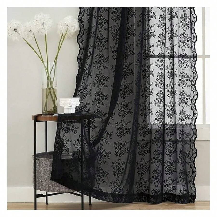 Black Floral Lace Sidelight Curtains For Front Door 72 Inch Length Boho Goth Sheer Front Door Curtains For Glass Window Coffin/Dark/Halloween/Spooky/Skull/Moody/Witch/Creepy Room Decor 52"W X 72"L - 多色622 - 查看 1