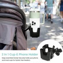 1 Stück 2-in-1 Getränkehalter mit Handyhalterung in Großformat - 360° drehbar und verstellbar, abnehmbar für Kinderwagen, Fahrräder, Rollstühle & Roller