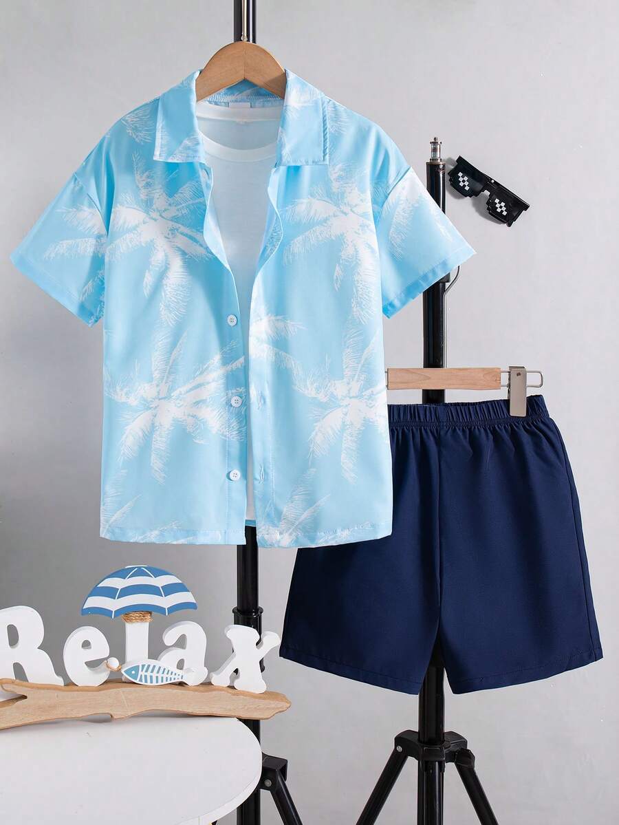 Bộ 2 áo sơ mi tay ngắn hở vai in họa tiết hoa giản dị kèm quần short dây rút cho bé trai, mùa hè - Màu xanh nhạt - Xem 1