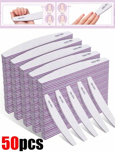 指甲锉套装（50/20/10/5/3/1 包），100/180 目双面砂纸锉，适用于天然指甲和亚克力指甲，可重复使用，男女通用，专业指甲锉，适用于美甲沙龙和家庭使用