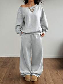 GLOpass Casual Solid Color Off-Shoulder Loose Sweatshirt And Pants Two Pieces Set For Women, Versatile For Daily Wear, Autumn/Winter