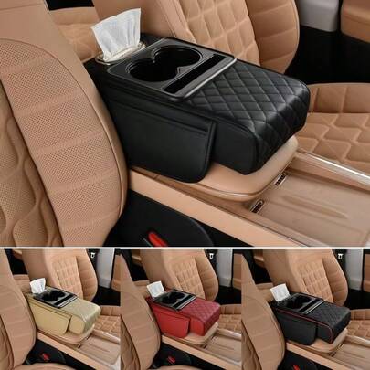 1pc Car Armrest Box 7.5cm Thicken Height Pad Arm Rest Cushion With Pocket Tissue Cup Holder Memory Foam Elbow Support Height Pad