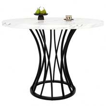 Round Dining Table (76cm), Kitchen Table, Round Coffee Table For 4-6 People, Suitable For Dining Room, Living Room, Metal Table Legs, Geometric Legs, Black Legs - 黑色+MDF+金屬 - 查看 5
