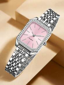 1pc Women's Silver Strap Fashion Casual Classic Square Simple Bar Scale Dial Quartz Watch For Daily Wear Or Traditional Festival Gifts - Pink - View 6