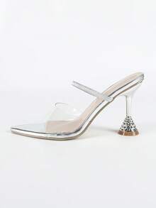 Damen modische elegante silberne transparente Spitze Zehen Knöchelriemen High Heel Sandalen, charmante glamouröse glänzende Party Hochzeit Outdoor Event Absätze, doppelte Tragemöglichkeiten, Frühling Sommer Outfits - Silber - Übersicht 6