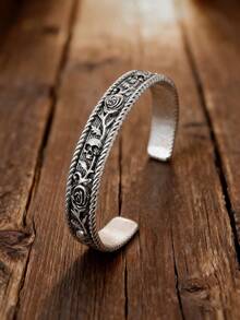 1pc Vintage Adjustable Skull & Rose Floral Carving Bracelet, Rockstar/Casual Style For Men - Antique Silver - View 3